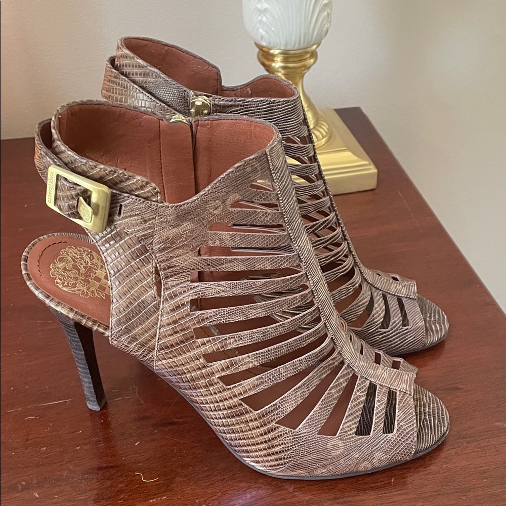 Vince Camuto Taupe Strappy Cutout Stiletto Sandals